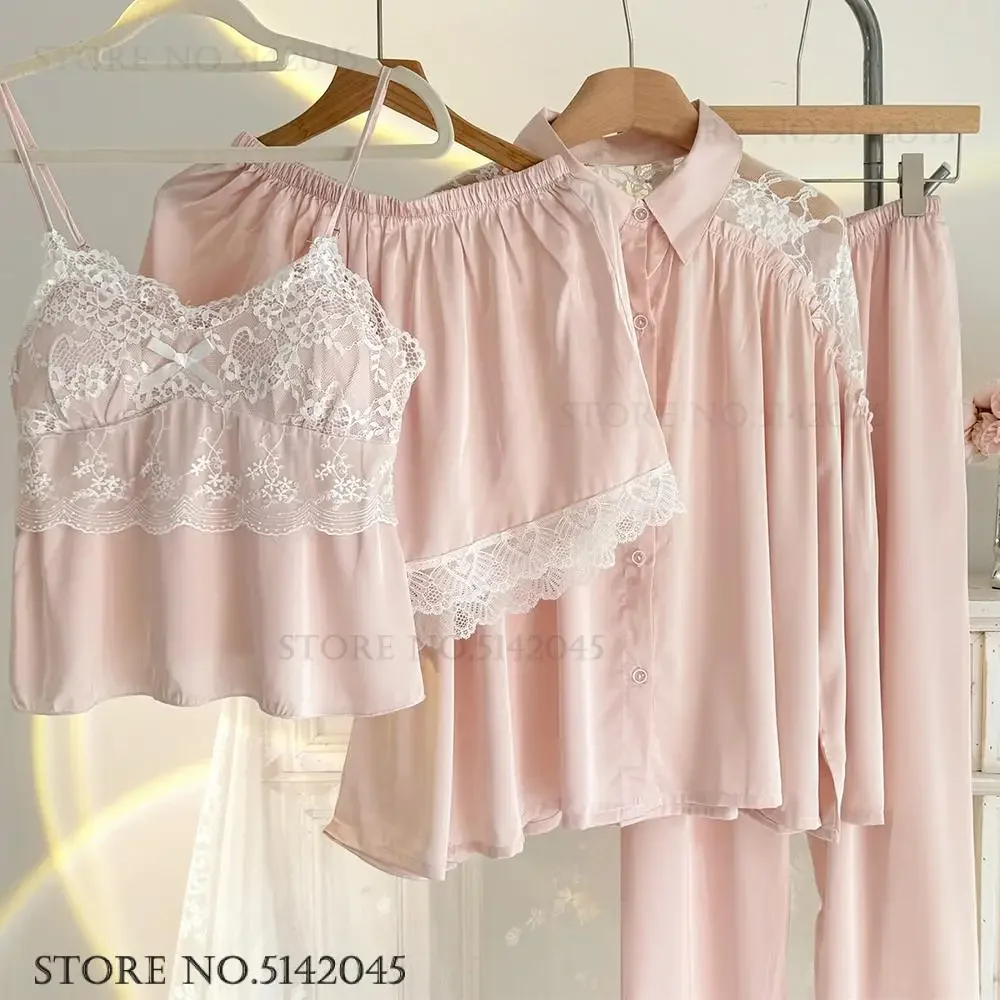 

Female Pajamas Four Piece Suit Spring Summer New Female Sleepwear Trouser Suits Pyjama Elegant French Nightwear Satin Home Wear