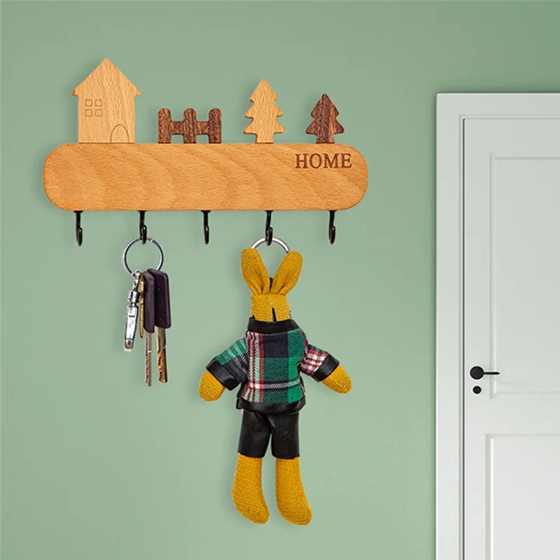 M11K-Wall Mount Key Hook Rack Solid Wood Non-Toxic Key Storage Holder Coat Rack Household Sundries