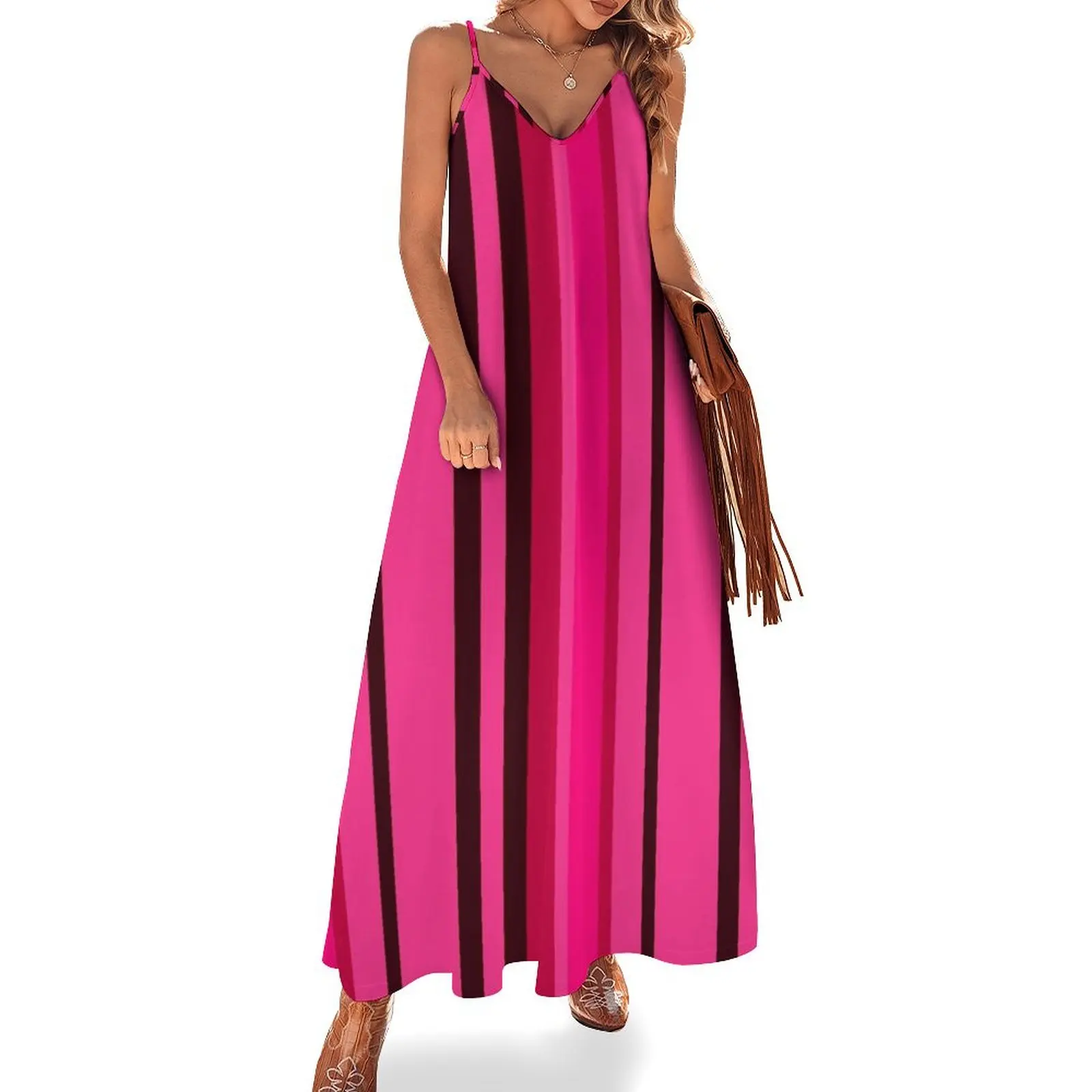 

Pink and Black Stripe Pattern Design Sleeveless Long Dress Women's dresses Evening dresses chic and elegant evening dress Dress