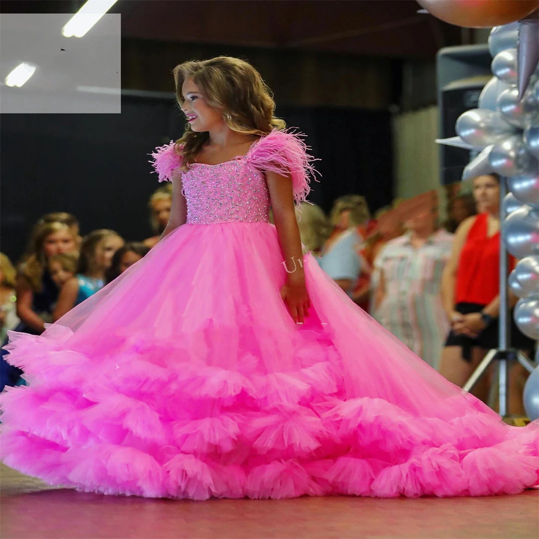 

Pink Tulle Flower Girl Dress For Wedding Puffy Feather Kids Pageant Birthday Party First Communion Dress Ball Gowns 2024