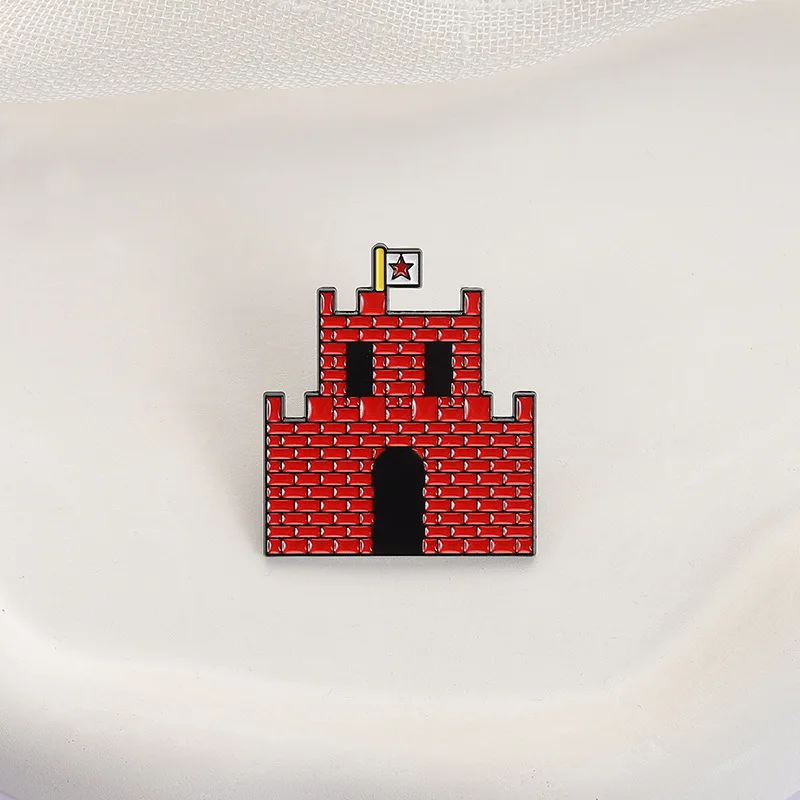 Cartoon Game House Enamel Brooch Lapel Pin Flag Five-Pointed Star Red Castle Pixel House Metal Badge Jewelry Gift For Friend Kid