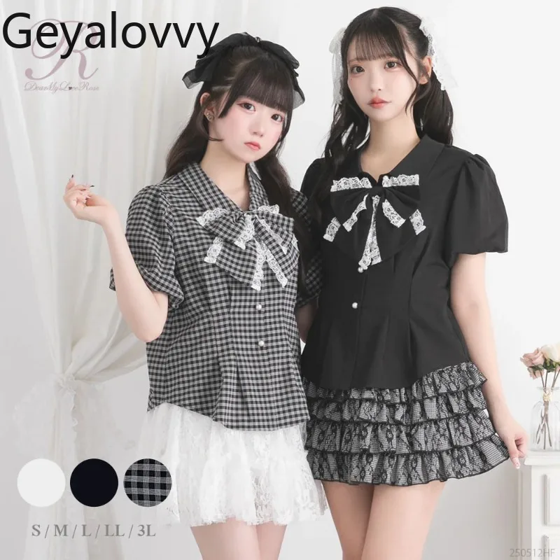 

Универсальная японская кружевная рубашка с большим бантом, однотонная рубашка, милая и милая блузка для девочек, облегающие топы с короткими рукавами и пузырьками