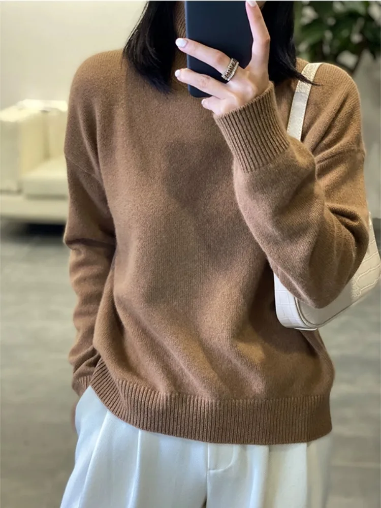 2023Autumn and winter half turtleneck cashmere sweater women's loose pullover sweater knit wool