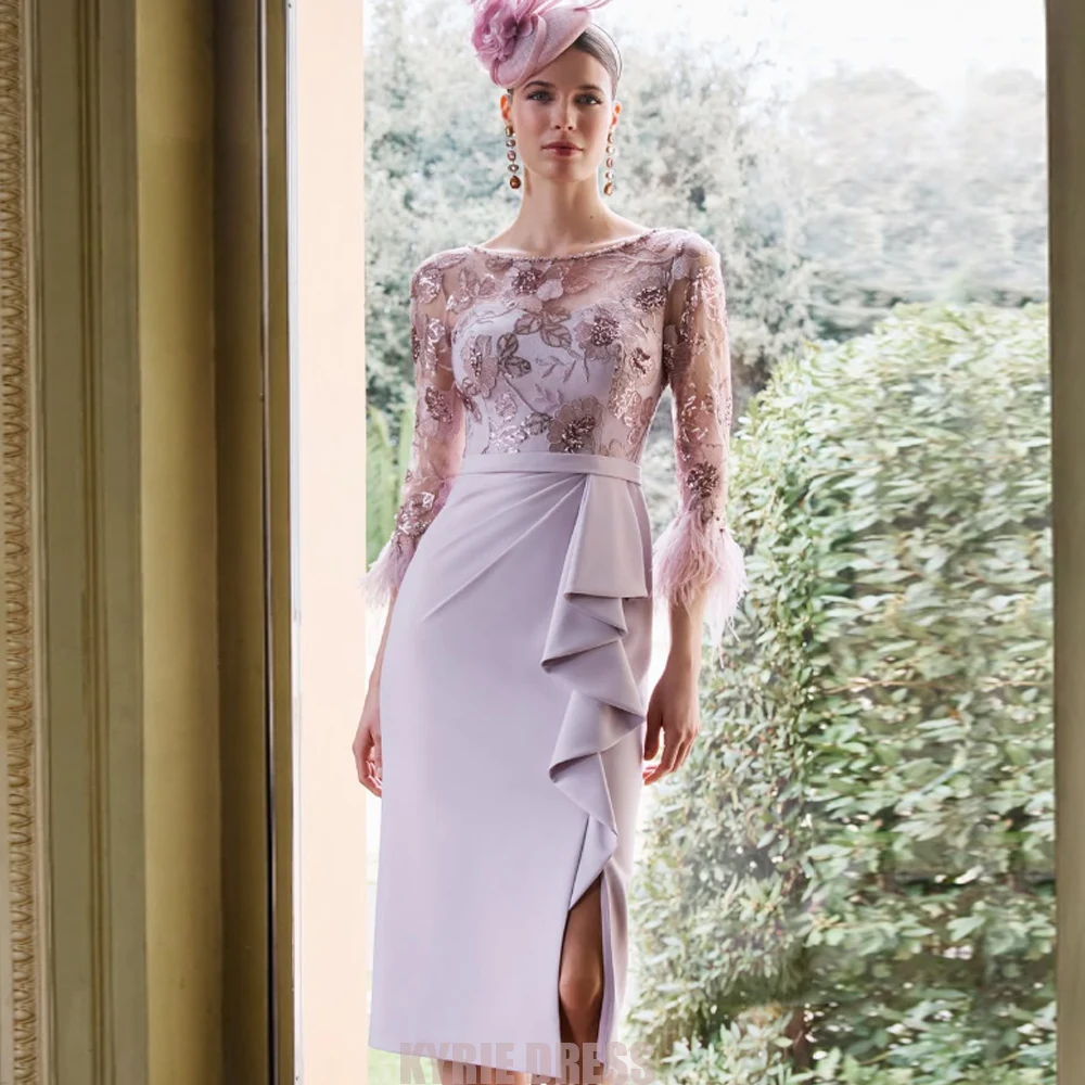 Customzied Mother of The Bride Dresses 2026 3/4 Sleeves Embroidery Feathers Ruffles Split for Wedding Guest Gown Evening Dresses
