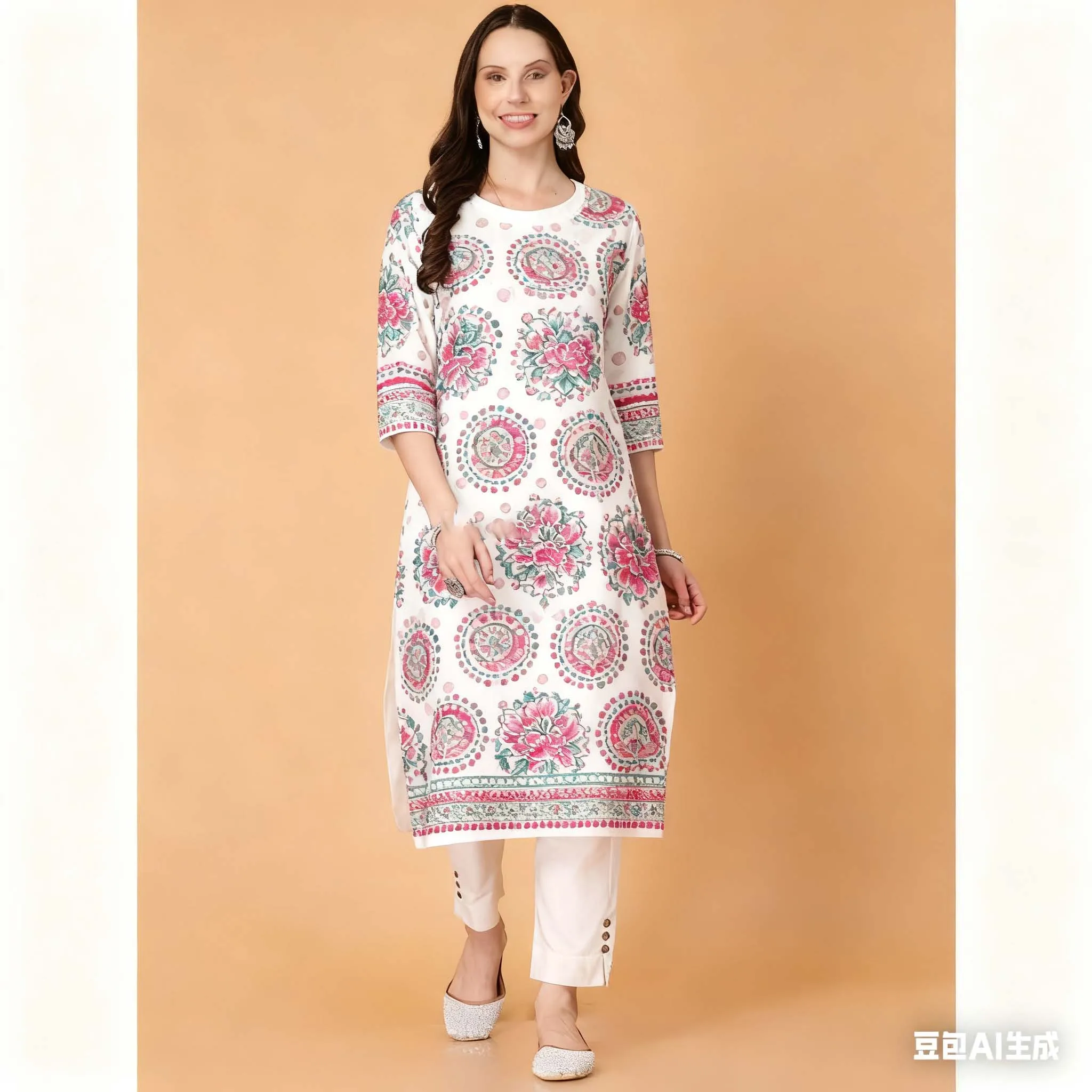 ชุดเดรสสไตล์ชาติพันธุ์แบบคุर्ตะสำหรับผู้หญิง ดีไซน์สบายๆ ชายเสื้อผ่าตรง ลายพิมพ์นกยูง แฟชั่นใหม่ สไตล์ลำลองแบบชาติพันธุ์ ชุดเดรสผู้หญิงแบบตุรกี