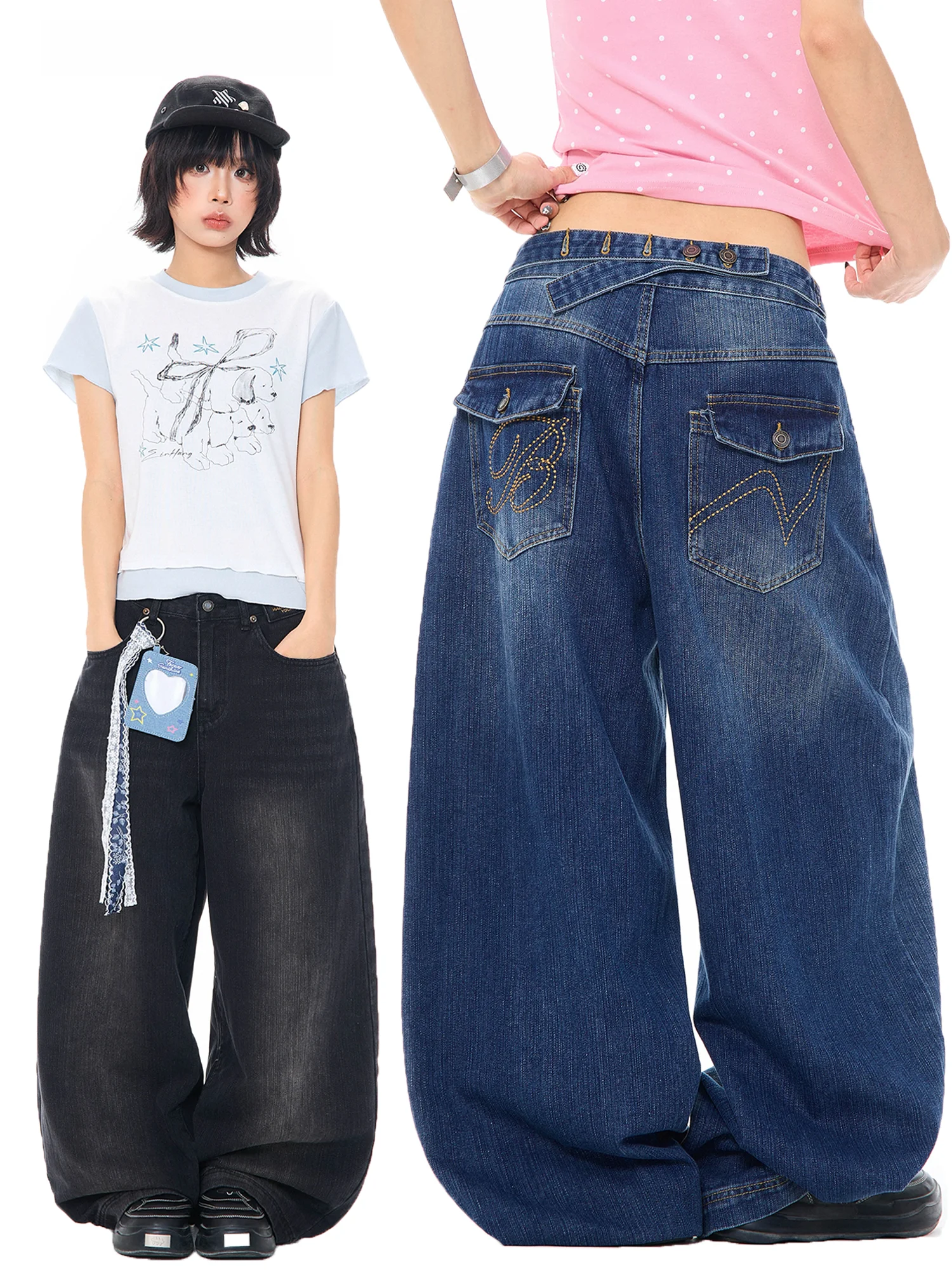 

Retro Paris Bule Wide Leg Denim Jeans Women's Lace Keychain Pendant Loose Straight Leg Pants Comfortable Cotton Blend