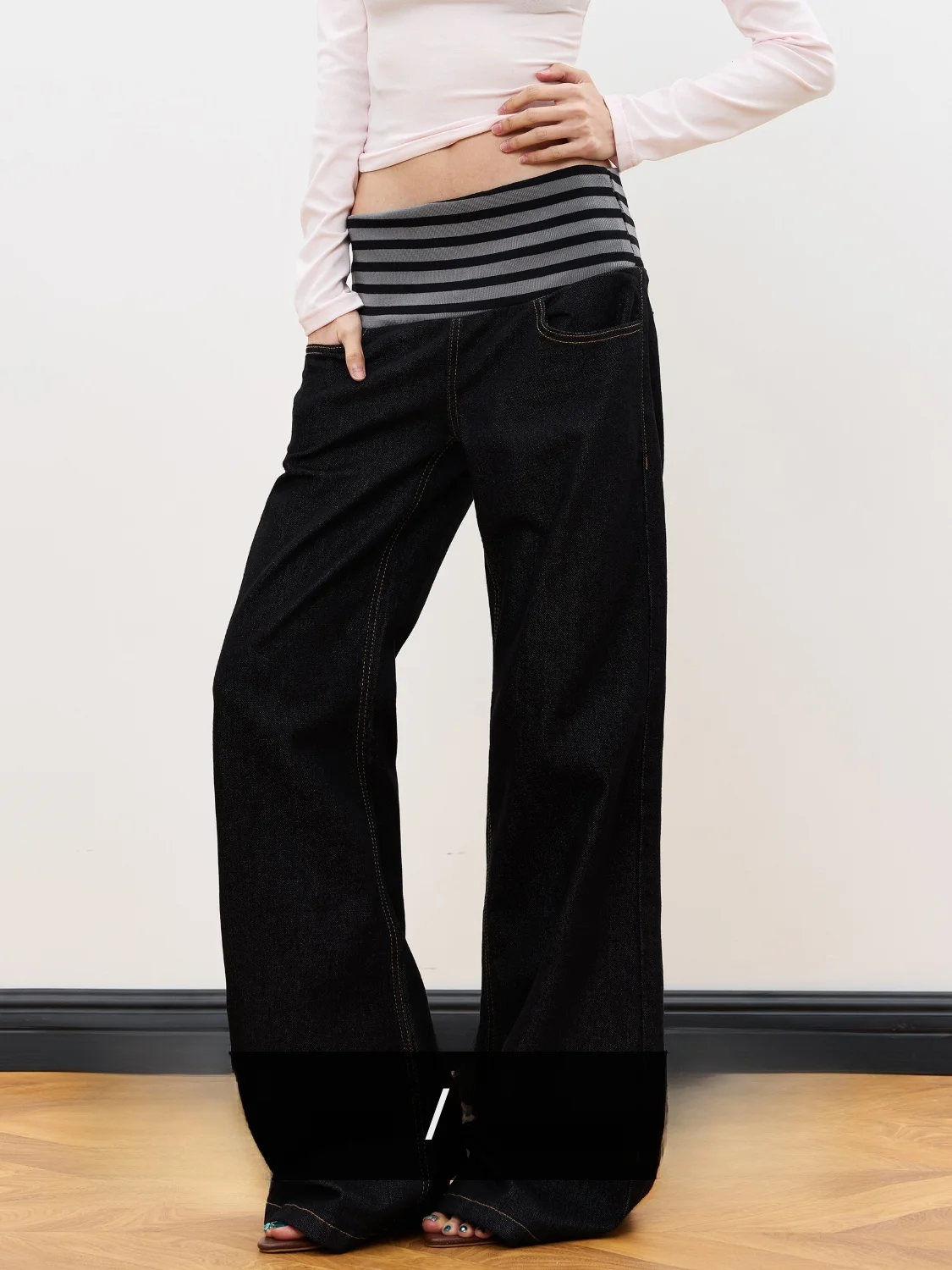Low Waist Patchwork Striped Bell Bottom Jeans Women's Design Slimming Sexy JUNECUT Original Denim Pants Casual American Style