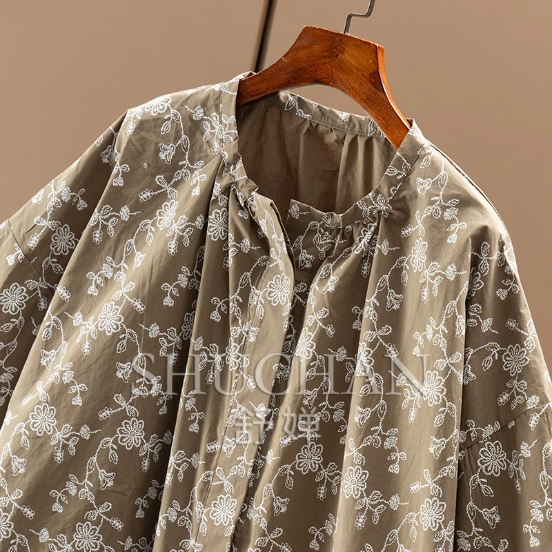 Elegant Literature and Art, French  Retro Floral Pure Cotton Large Silhouette Seven-quarter Sleeve Shirt Women Blouse