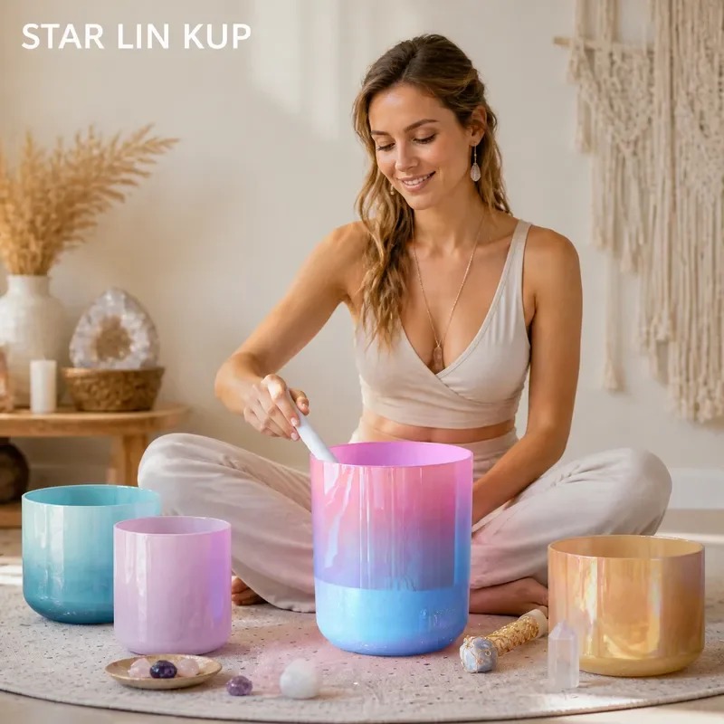 STAR LIN KUP 432Hz Pink Ocean Powder Blue Gradient Clear Alchemy Crystal Singing Bowl with Accessories for Meditation Healing