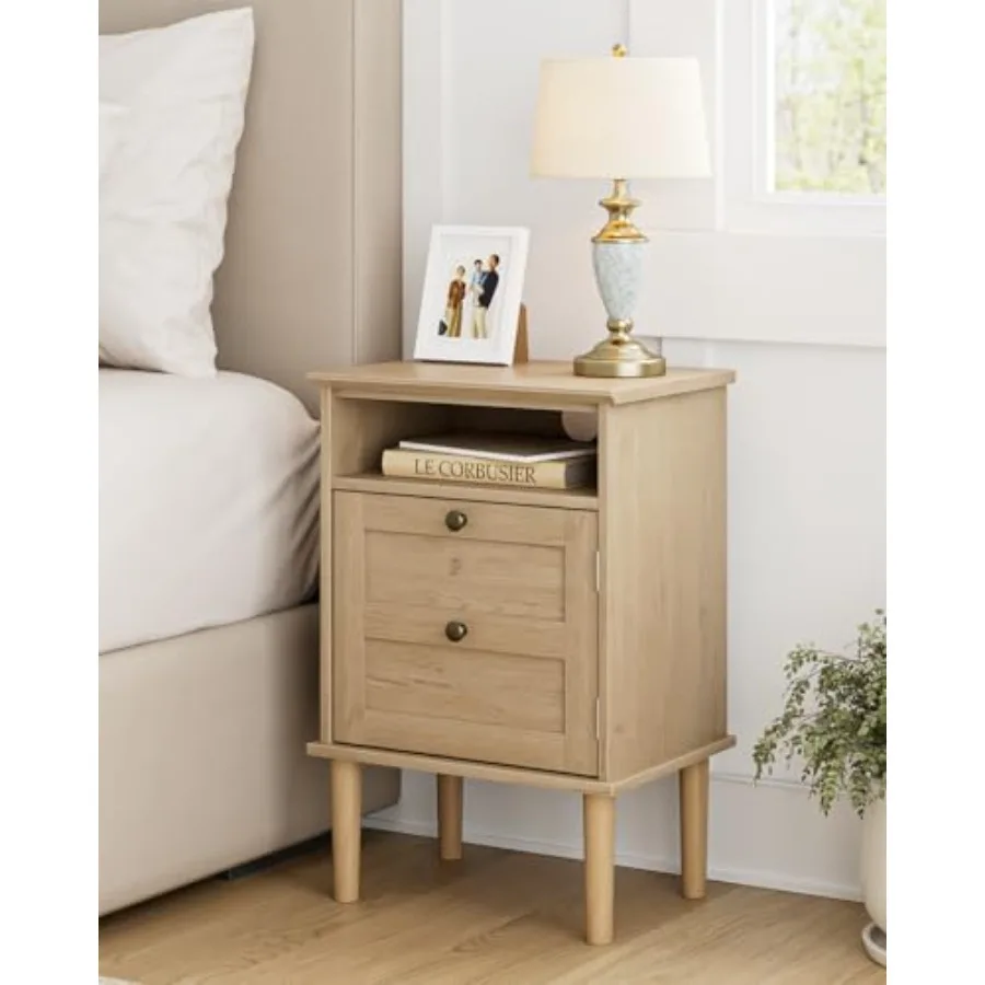 

Boho Nightstand with 1 Drawer Open Shelf Modern Wooden Top Bedside Table for Bedroom or Living Room Natural Finish Stylish Acce