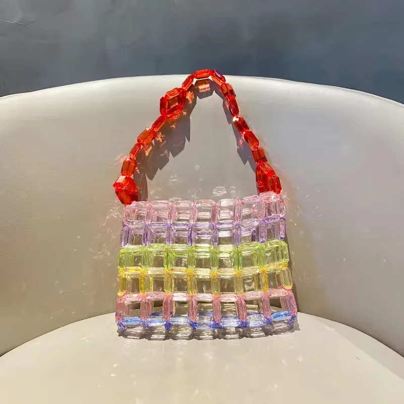 P56Summer Handmade Colorful Bag Designer Woven Handbags Crystal Transparency Bead Bag For Women 2023 Ladies Fashion Armpit Pouch