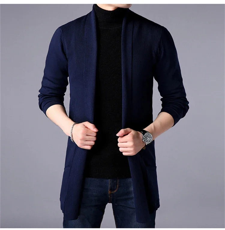 Men\'s Thin Long Style Cardigan Spring and Autumn X-long Knit Sweater Jackets Solid Color Sweatercoat