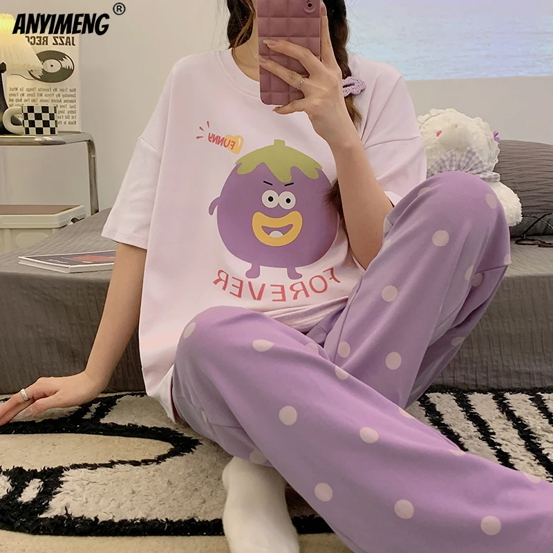 M-4XL 100% Cotton Summer Short Sleeves Women Bear Pajamas Fashion Nightwear Casual Sleepwear High Quality Anti-bacterial Pijama