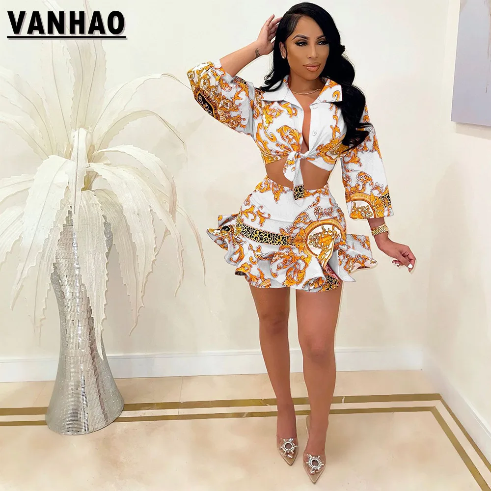 VANHAO 2023 Laple Crop Top and Ruffles Mini Dress 2 Piece Sets Women Outfit Printed New In Matching Sets Wholesale Dropshipping