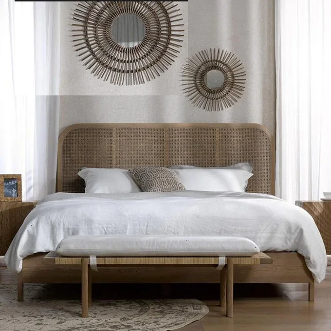 2026 China supplier antique queen/king size Rattan/Wicker wooden beds for bedroom furniture