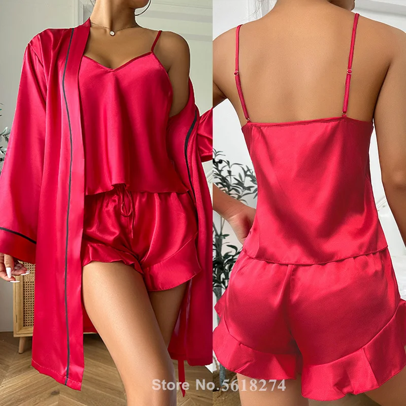 Three-Piece Ladies Pajamas Set Red Pajamas Suit Ice Silky Sleepwear Summer Smooth Home Clothes Bathrobe&cami&shorts