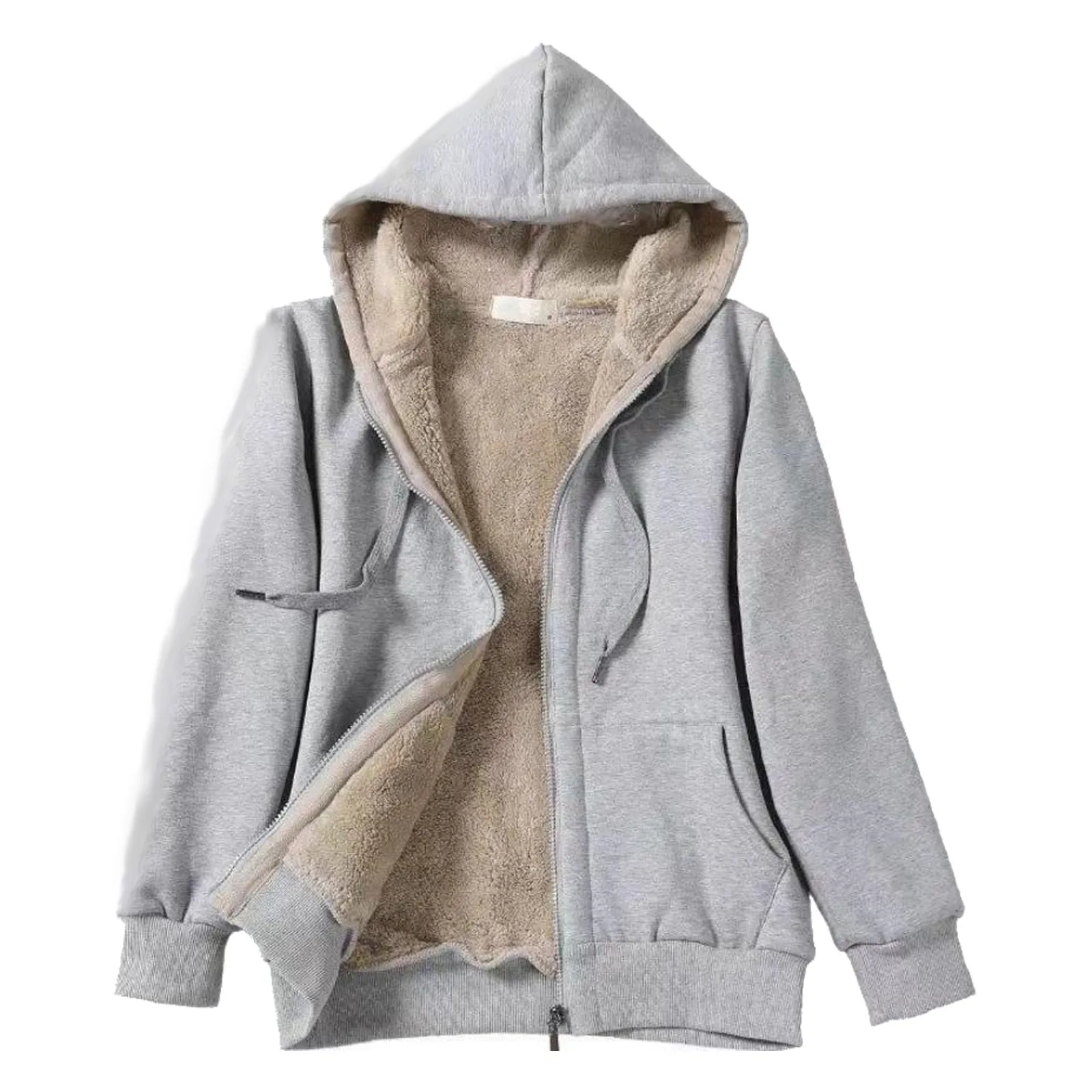 Women\'s Fashion Long Sleeve Zipper Hooded Plush Composite Coat With Drawstring Solid Color Plush Soft Comfortable Overcoat