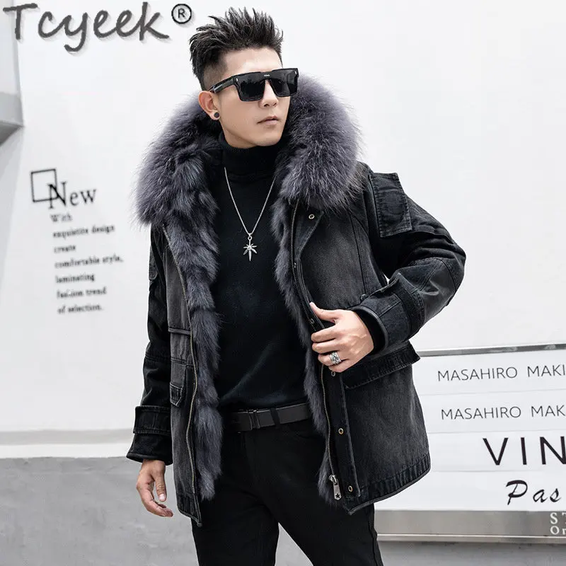 

Tcyeek High-end Men's Fur Parka Winter Warm Nature Fox Fur Liner Loose Mid-length Real Fur Coat Male Clothes Raccoon Fur Collar