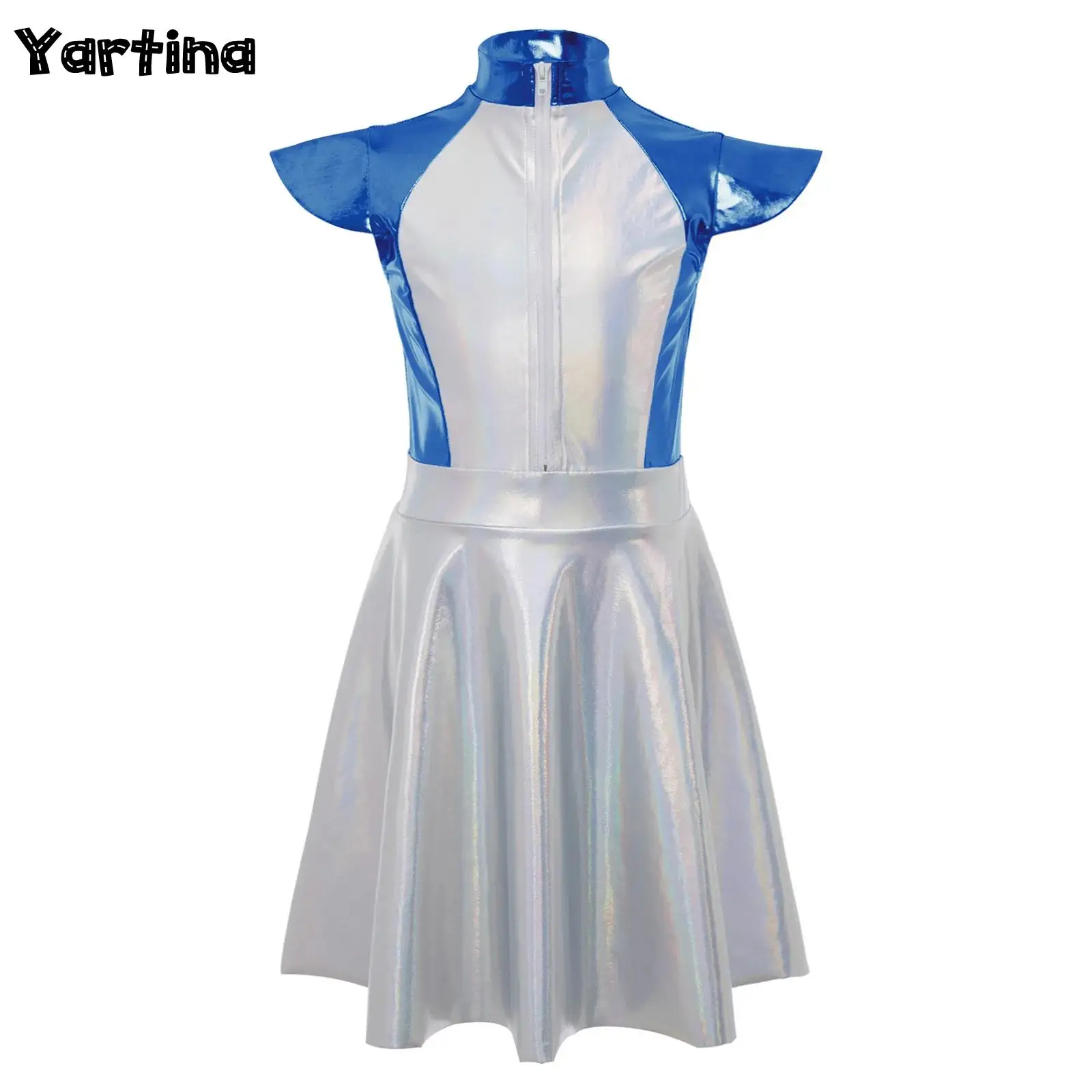 

Girls Alien Space Cadet Carnival Cosplay Costume Cap Sleeves Front Zip A-line Robot Dress Outer Space Cutie Halloween Outfits