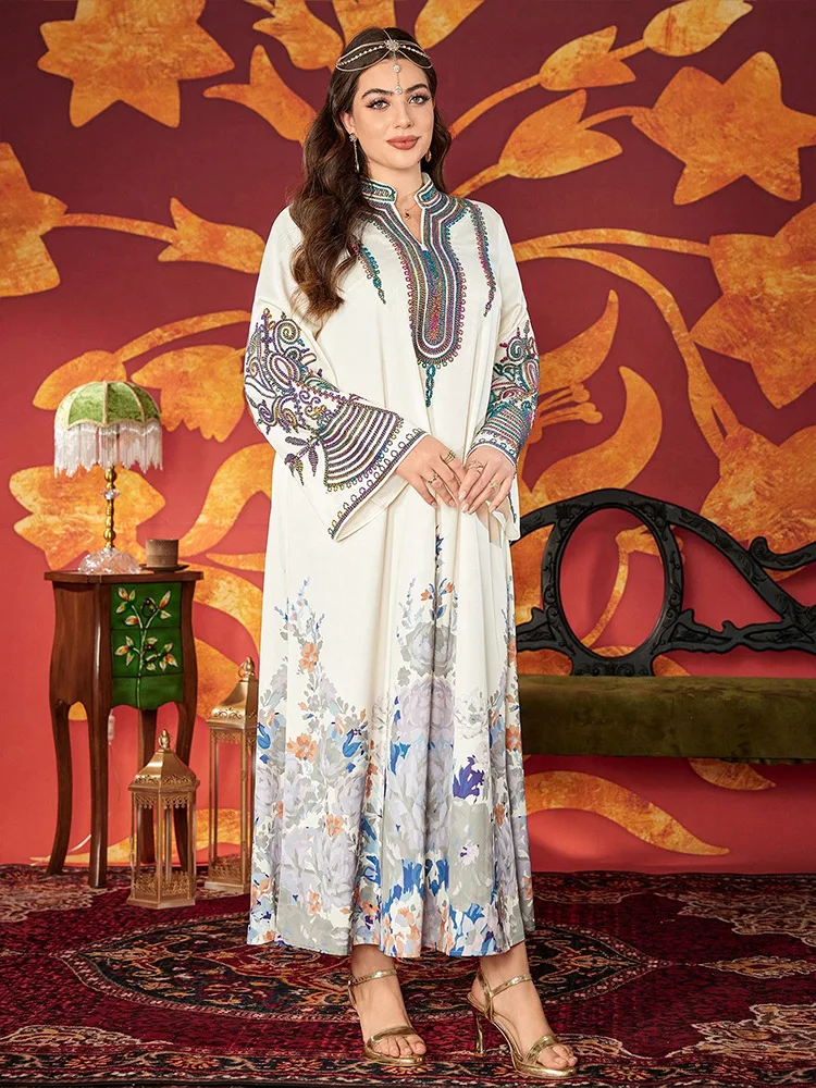 

Рамадан Дубай Абая Кафтан с цветочным принтом Женское мусульманское платье больших размеров Ид Джеллаба Сабея Кафтан Марокаин Femme Robe Jalabiya New