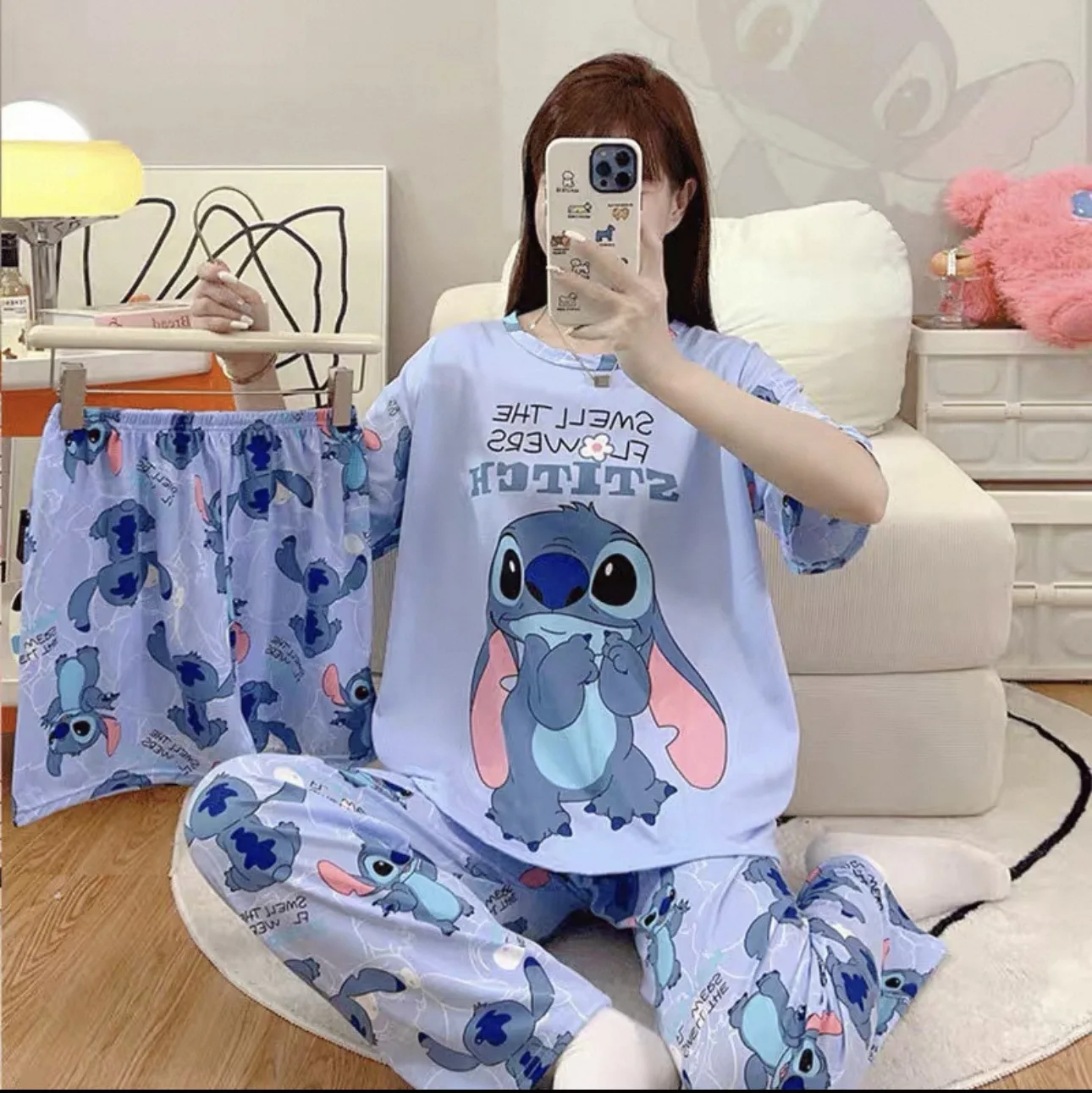 ميني جديد الكرتون منامة المرأة تيشيرت صيفي قصير 3 قطعة ديزني غرزة ميكي ماوس كم السراويل السراويل الكرتون ملابس خاصة