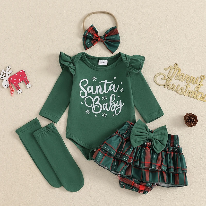 

0-18M Baby Girl Christmas Outfit, Letter Print Ruffle Long Sleeve Romper Plaid Layered Ruffle Shorts Bow Headband Socks