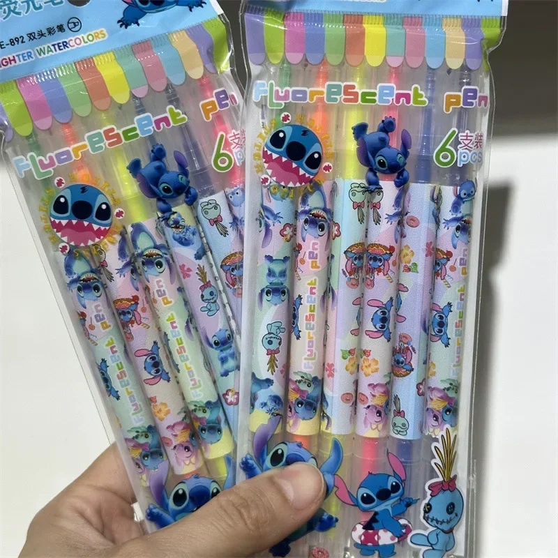 6pcs/12pcs Disney Cartoon Stitch Double-ended Highlighter Set Student Diary Marker Painting DIY Kids Toy Birthday Gift Stich