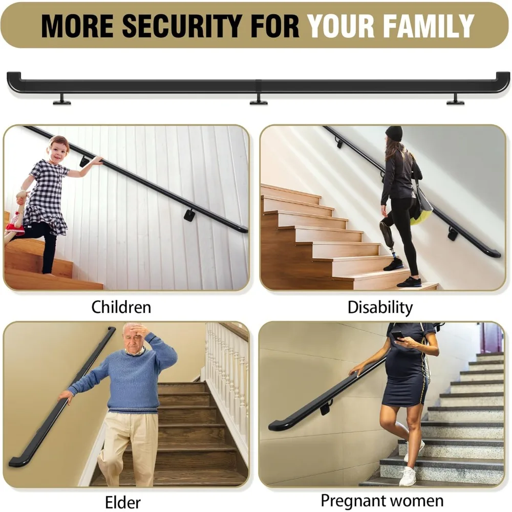 درابزين معدني داخلي وخارجي للسلالم، حاجز يد أسود مع إرجاع الحائط، مناسب للدرج الداخلي والخطوات الخارجية #5