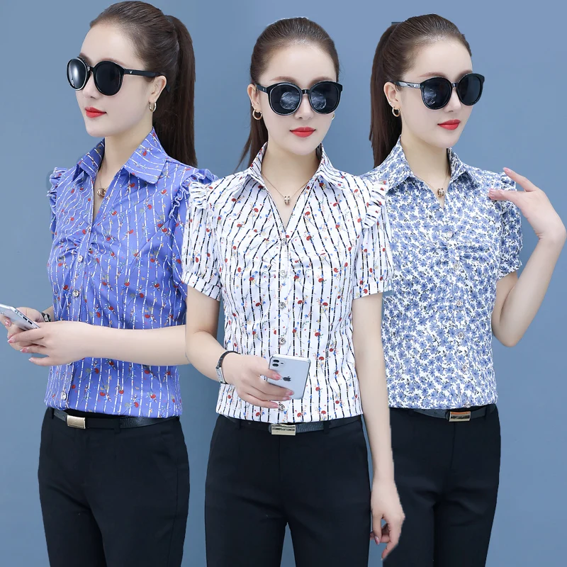 Women Elegant Ruffle Blouse Shirts Stripe Print Blouses Femme 2022 Summer V-Neck Short Sleeve Casual Tops Women Blouses NS5249