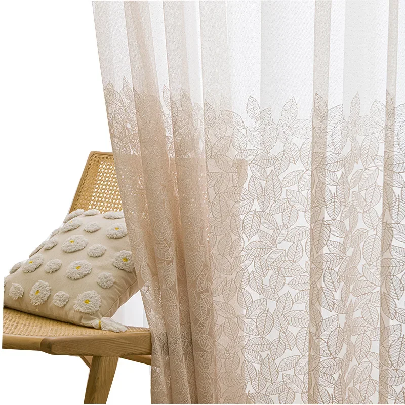 French Style Curtain Gauze Light Luxury Leaf Embroidery Flower Window Screen Curtains for Living Dining Room Bedroom