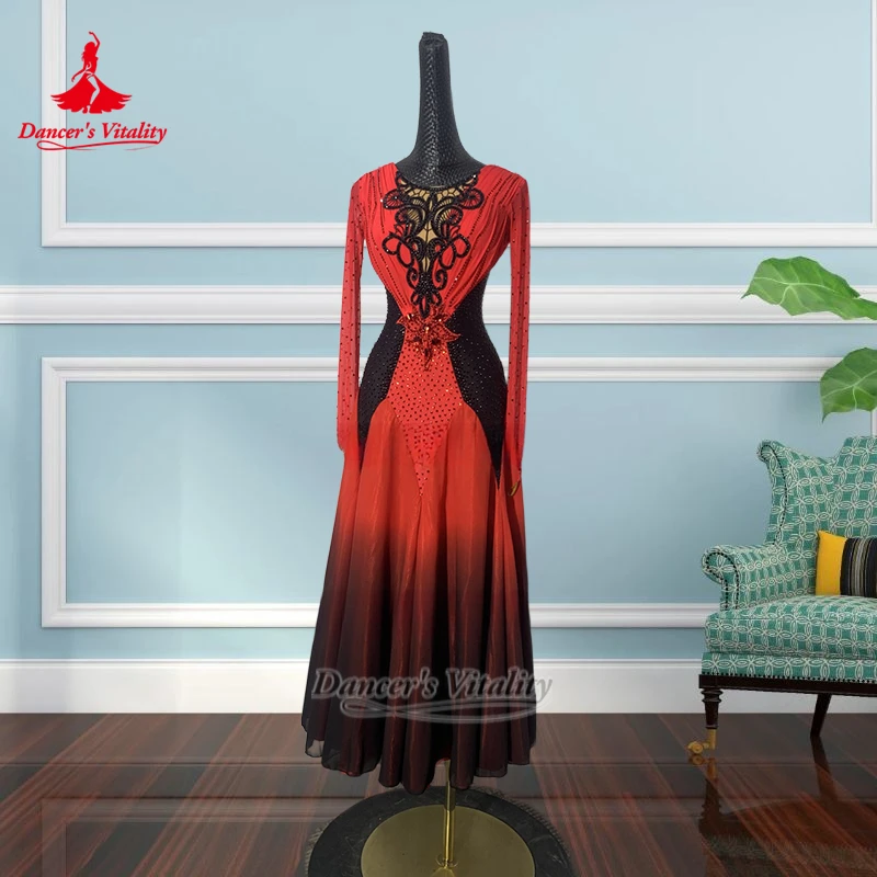 The New Style Ballroom Dance Luxury Long Sleeve V-back Perform&Contest Dresses Dancer's Vitality Tango Foxtrot Clothes Customize
