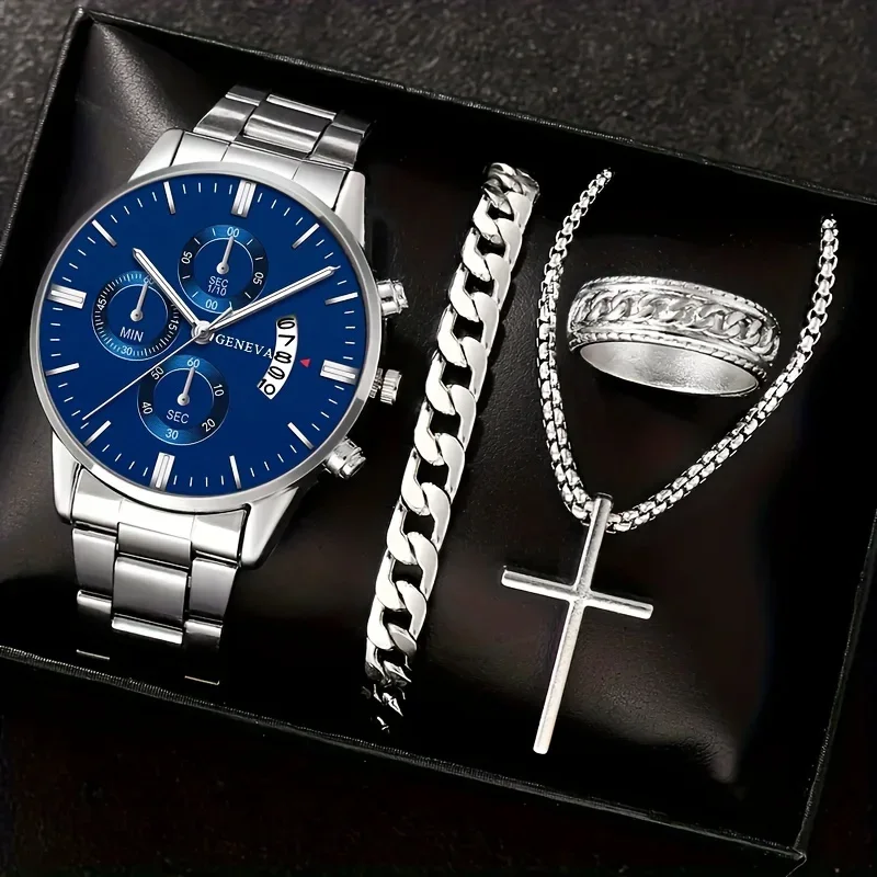 Мужские модные часы из 4 предметов с календарем - кварцевый механизм в деловом стиле с круглым циферблатом из нержавеющей стали