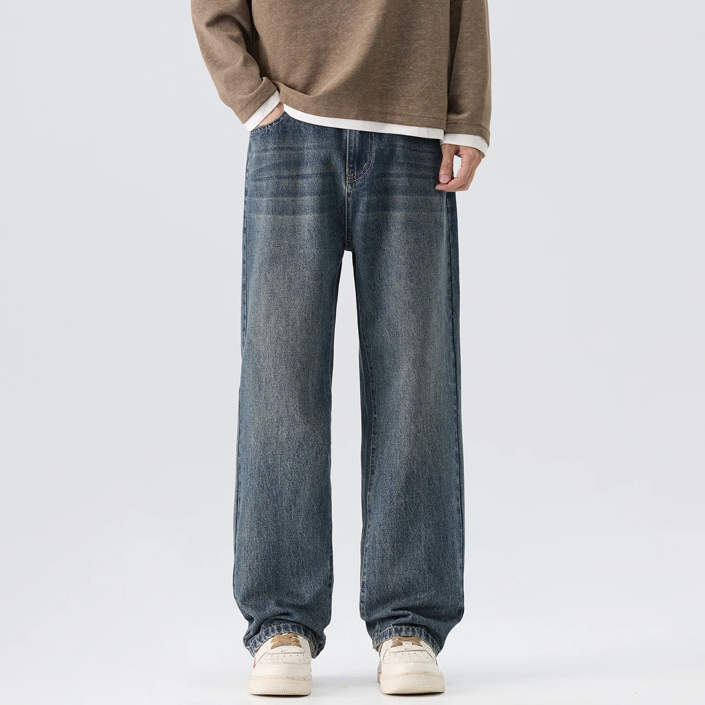 

Men's Loose Straight Leg Jeans American Style Autumn Winter New Fashion Casual Versatile Long Trousers mid Waist Zipper Opening