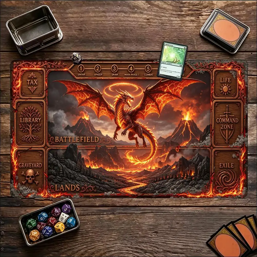 Ancient Storm Golden Dragon Large Game Mat Non‑Slip Rubber Playmat Thunder Sky Carved Frame Art for Trading Card Tabletop Gaming