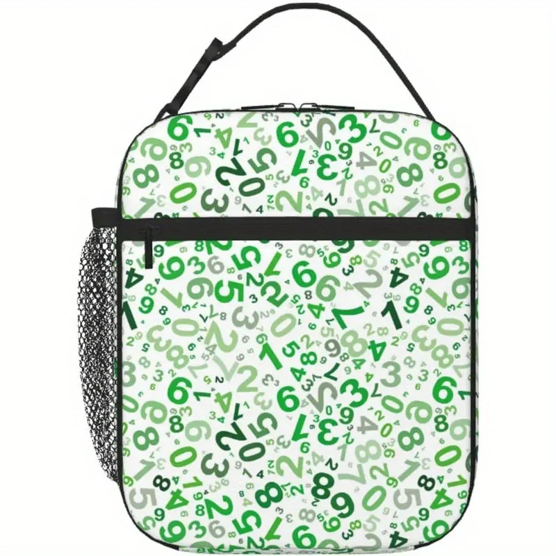 

Numbers Insulated Lunch Bag for Men Women Math-Themed, Green White Design with Math Symbols, Durable Oxford Fabric