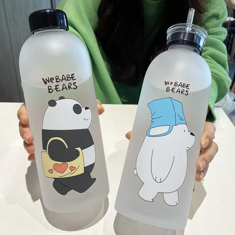 

1000ML Water Bottles 1 Liter With Lid And Straw Cartoon Kawaii Panda Bear Cup Transparent Outdoor Drinking Frosted Water Bottle