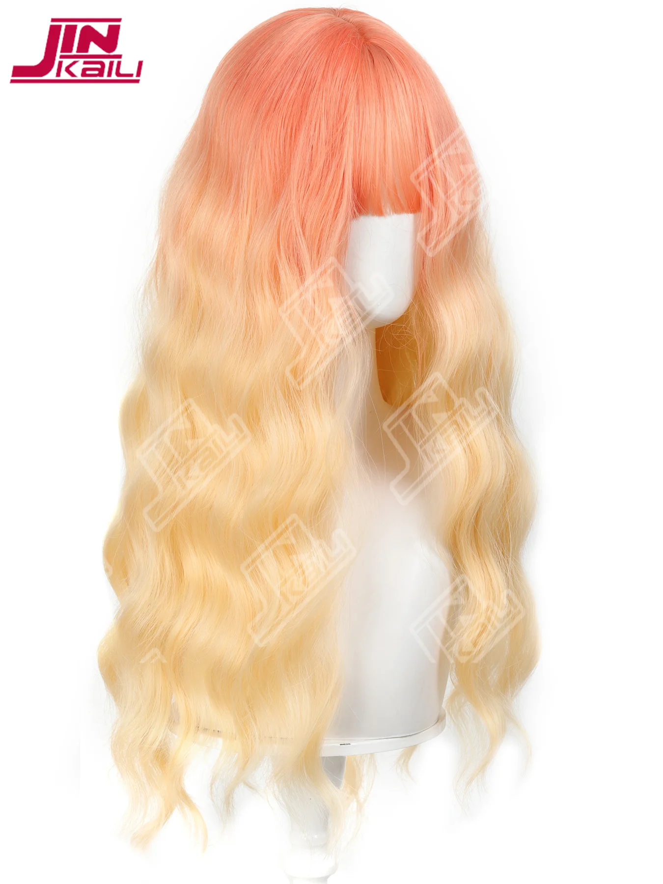 JKL Orange red gradient beige Synthetic Long Curly Lolita Wig Fluffy Water Wave Curls With Middle Bangs Wig Suitable For Women's
