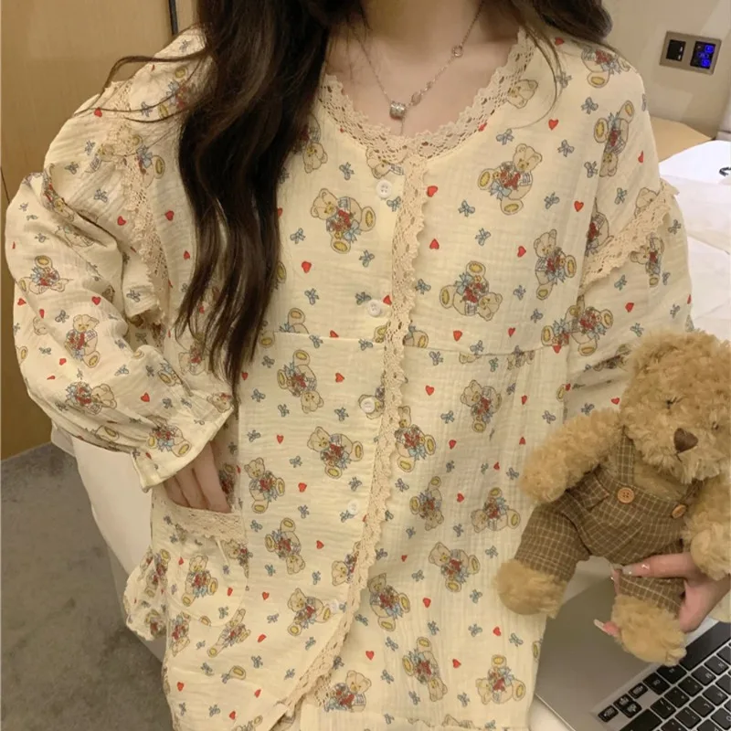 Cute Little Bear Sleepwear for Women Spring and Autumn Long Sleeved Pants, Lace and Lace Set Japanese Sweet Ins Style Home Wear