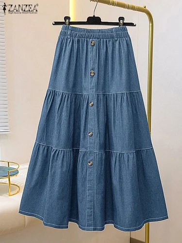Imagen 1 del producto Otoño cintura elástica faldas sólidas ZANZEA moda mujer Denim falda azul elegante A-line trabajo sobrefaldas Casual suelta vacaciones Jupe