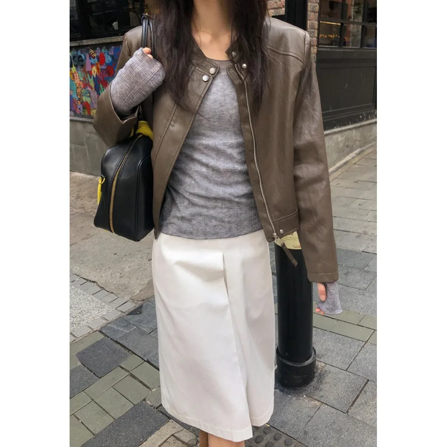 Sli rétro moto Jaet femmes rond Ne Pu cuir manteau automne hiver vêtements d'extérieur coréen Sle Street Faion