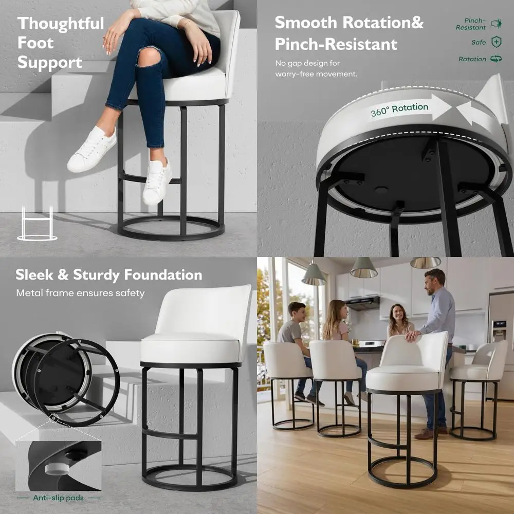 

Set of 4, 26 Swivel Leather Bar Stools, Counter Height, White, with Backs and Round Base for Kitchen Island or Bar