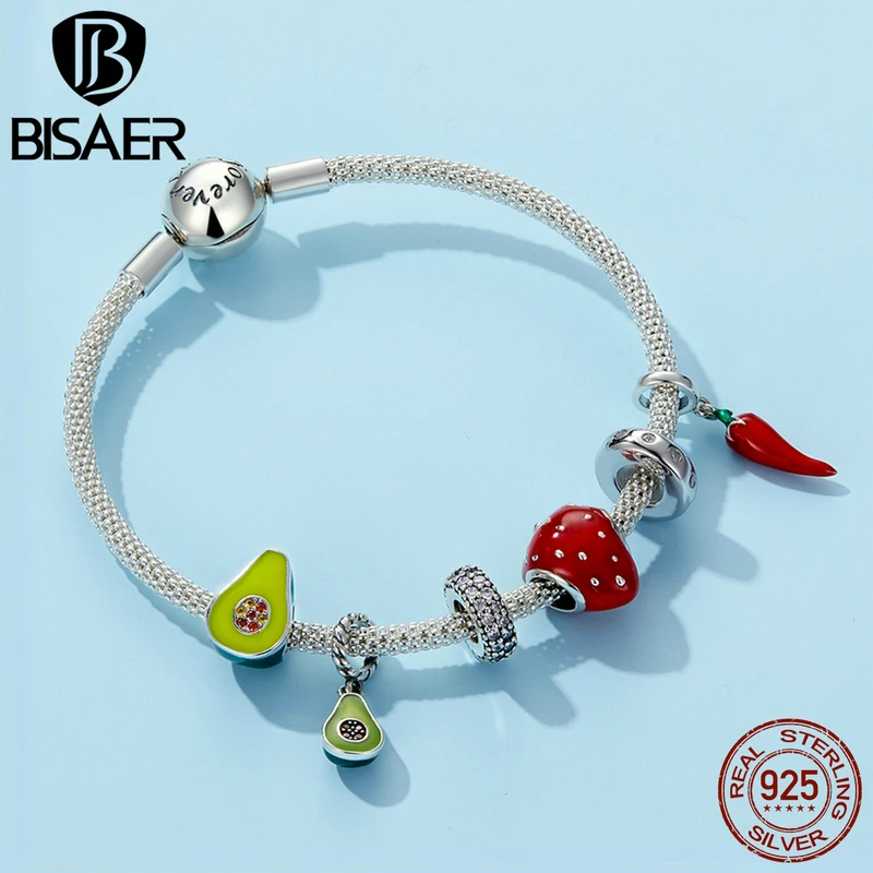 BISAER 925 Sterling Silver Red Wine Glass Rose Charm Bead Cherry Fruit Pendant Fit Girl bracciale e collana regalo di gioielleria raffinata fai da te