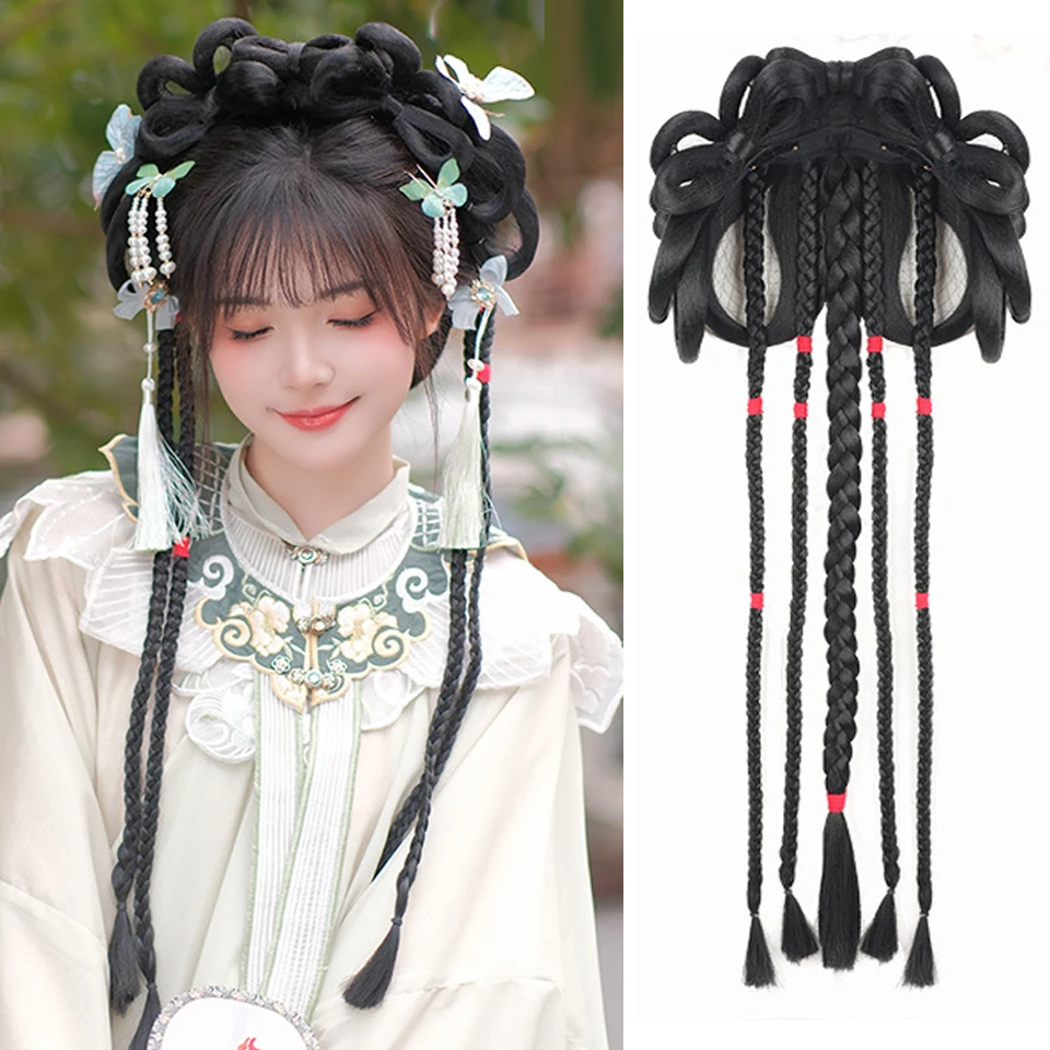 Chinese Ancient Hanfu Wig Synthetic Antique Bow Bun Novice Daily Song And Ming Dynasty Costume Style Wig Hair Bun With Headdress