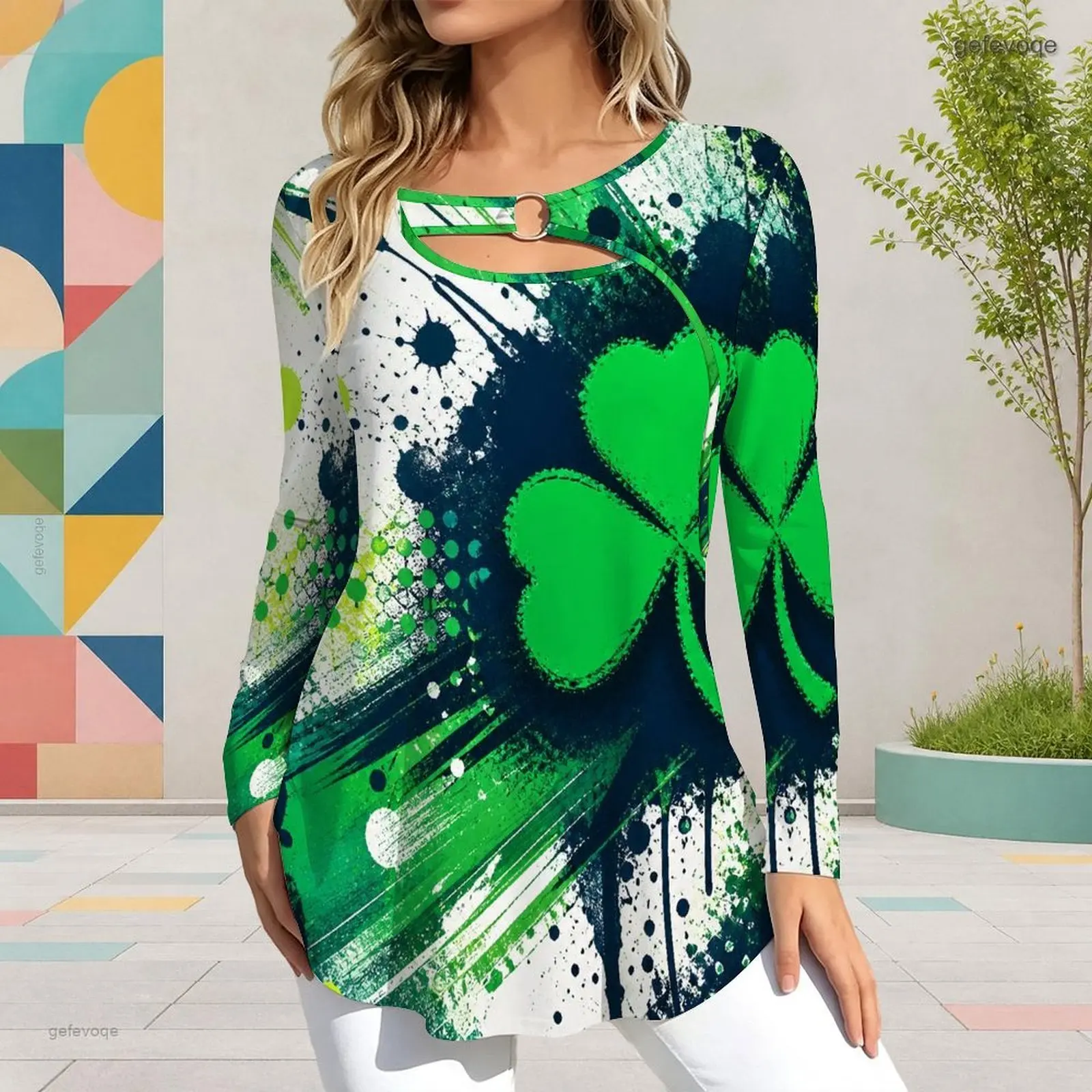 Women Top with Print Keyhole Ring Neck Long Sleeve Flared Hem