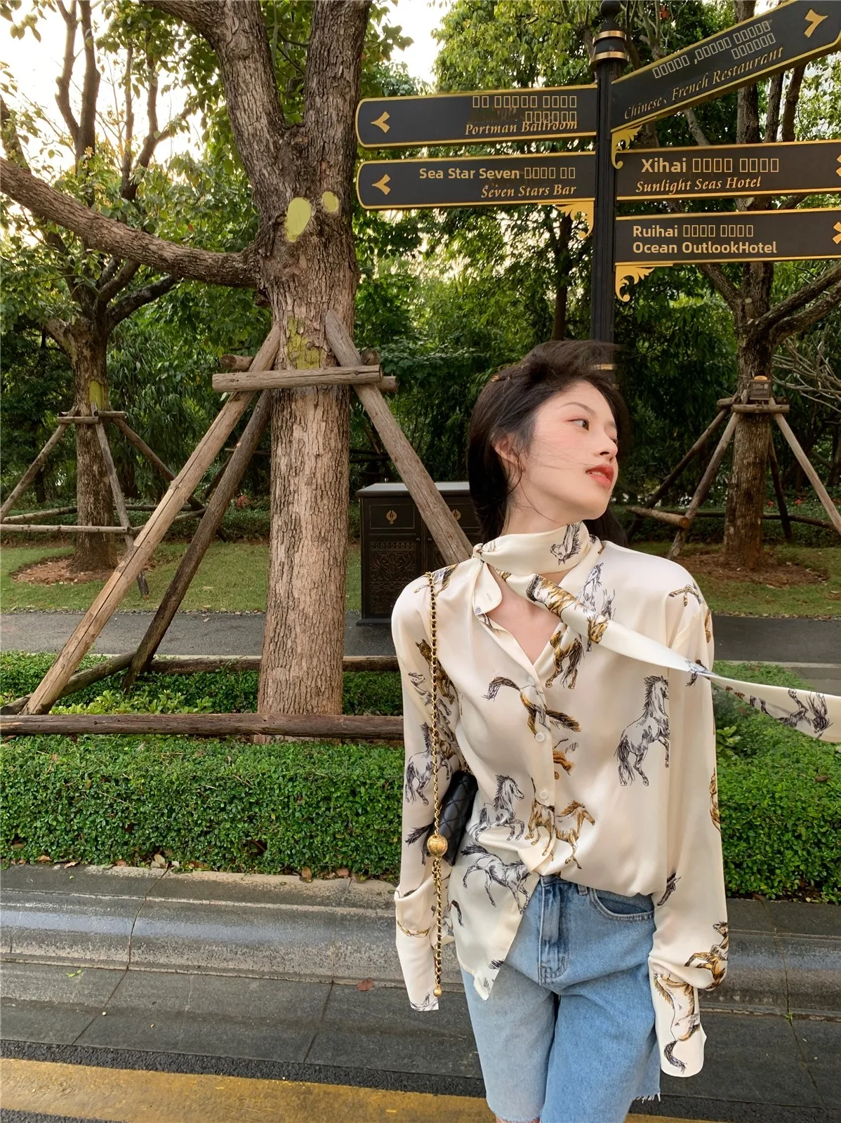 

LXLILIUM Satin Print irt Women's Design Long Sve Ele Lady's Sle Loose Fit French Sle Breathable Lightweight