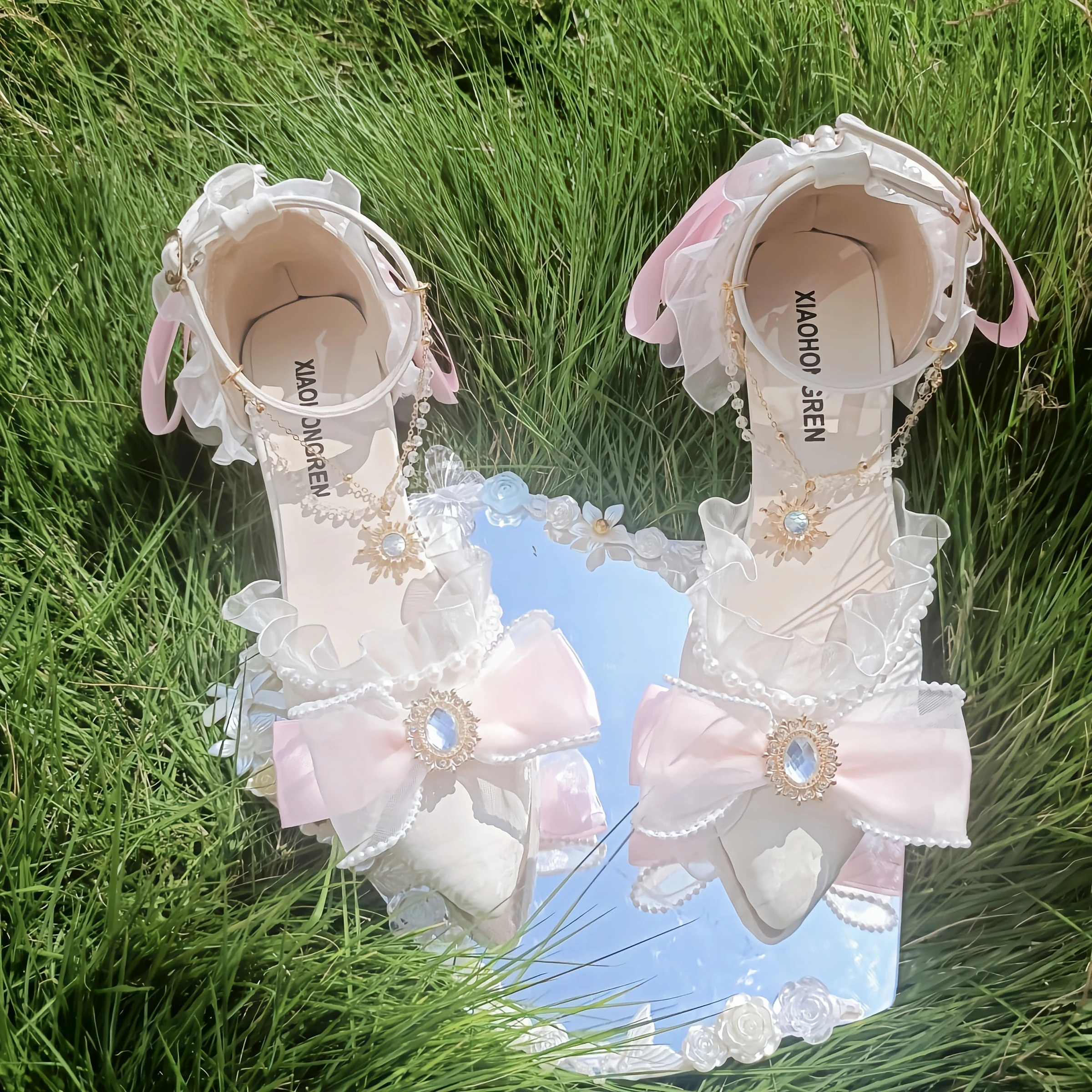 Original Flower Wedding High Heels Lolita Pink Blue Thin Heel 6cm 8cm Lolita Cute Gentle French Sweet Loli Single Shoes