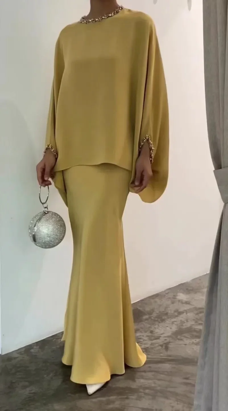 Imagem -04 - Conjunto Abaya Muçulmano de Peças para Mulheres Vestido Elegante Manga de Morcego Saias Vestidos de Pérola Eid Hijab Roupas Islã 5xl