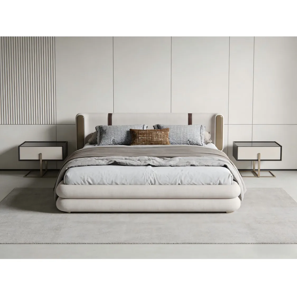 -ee Chesterfield Style Modern Modular Extendable king Size Bed Tufted Backrest Fabric Genuine Leather Strap Details High Density