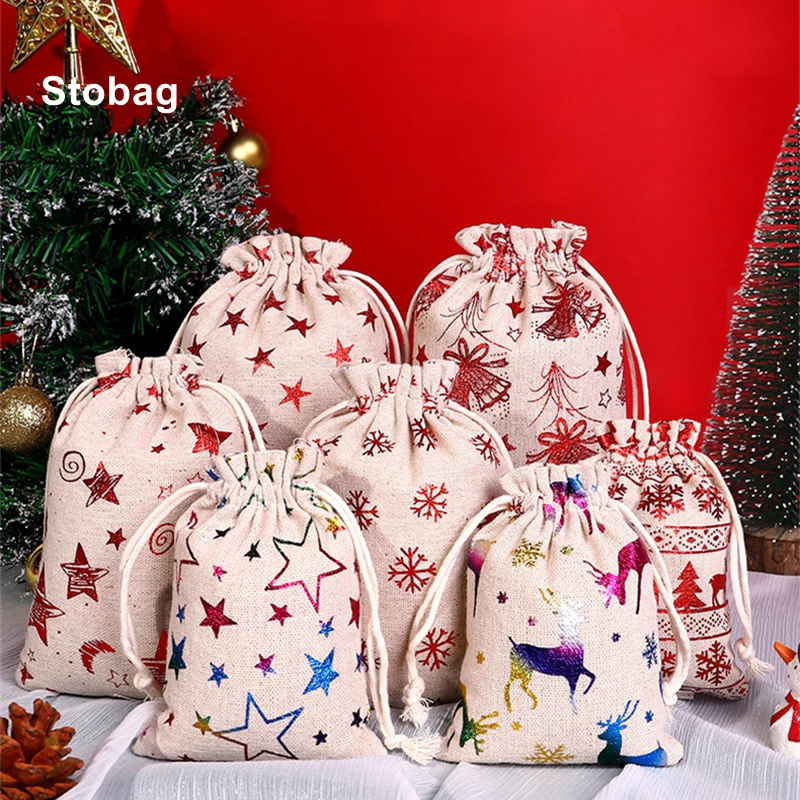 StoBag 5pcs Marry Christmas Gift Bags Bundle Small Linen Cotton Drawstring Pocket Candy Jewelry Packaging Pouch Favors New Year