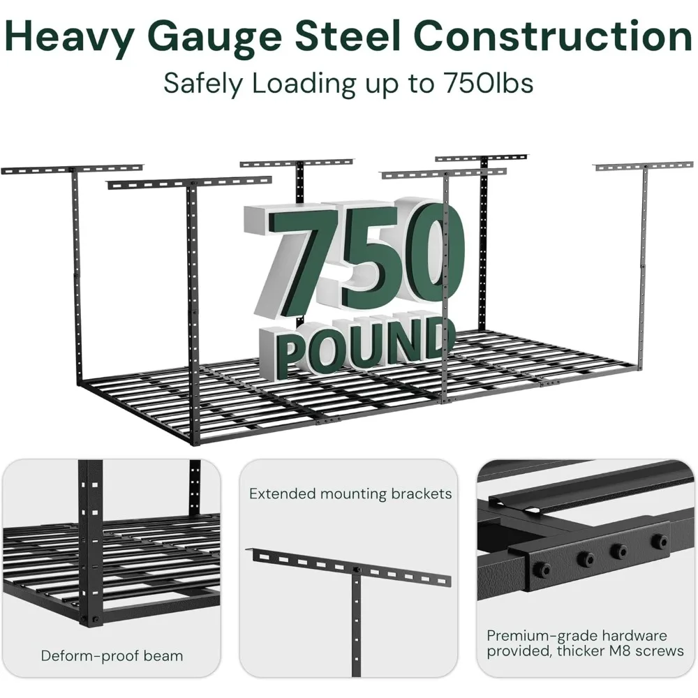 4x8 Garage Storage Overhead Rack Organization, Adjustable Ceiling Mounted Storage Racks, 750LBS Weight Capacity, 22"-40" Ceilin